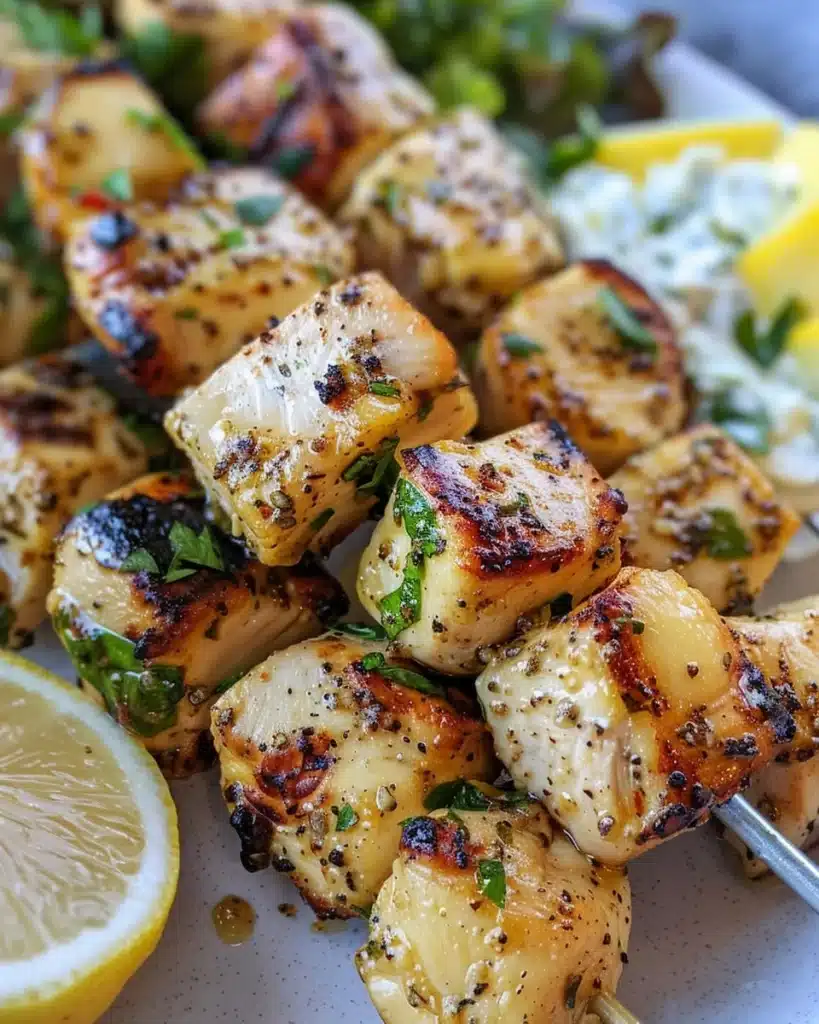 Grilled Chicken Souvlaki skewers garnished with herbs and served with tzatziki sauce