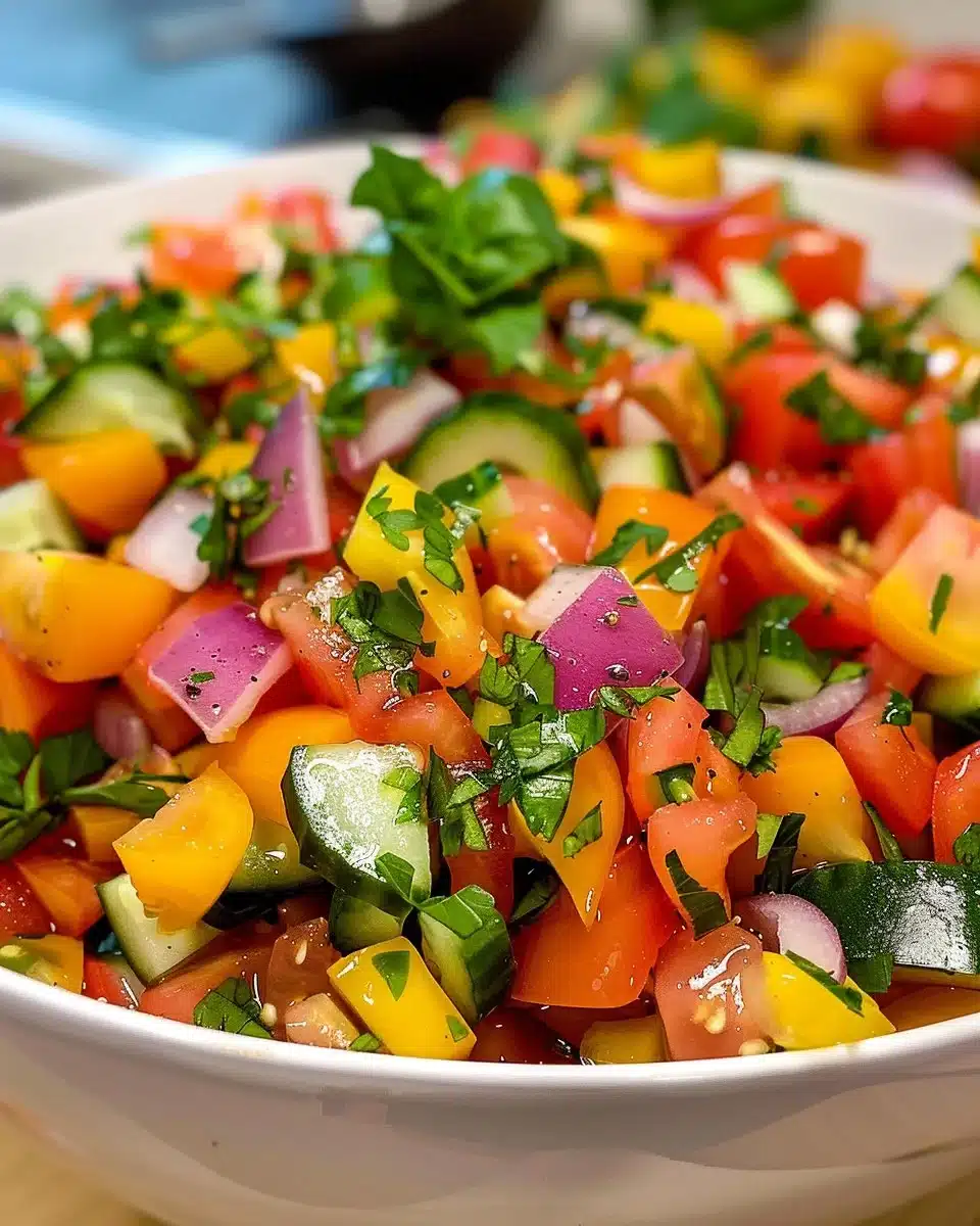 Bowl of classic gazpacho garnished with fresh herbs and vegetables