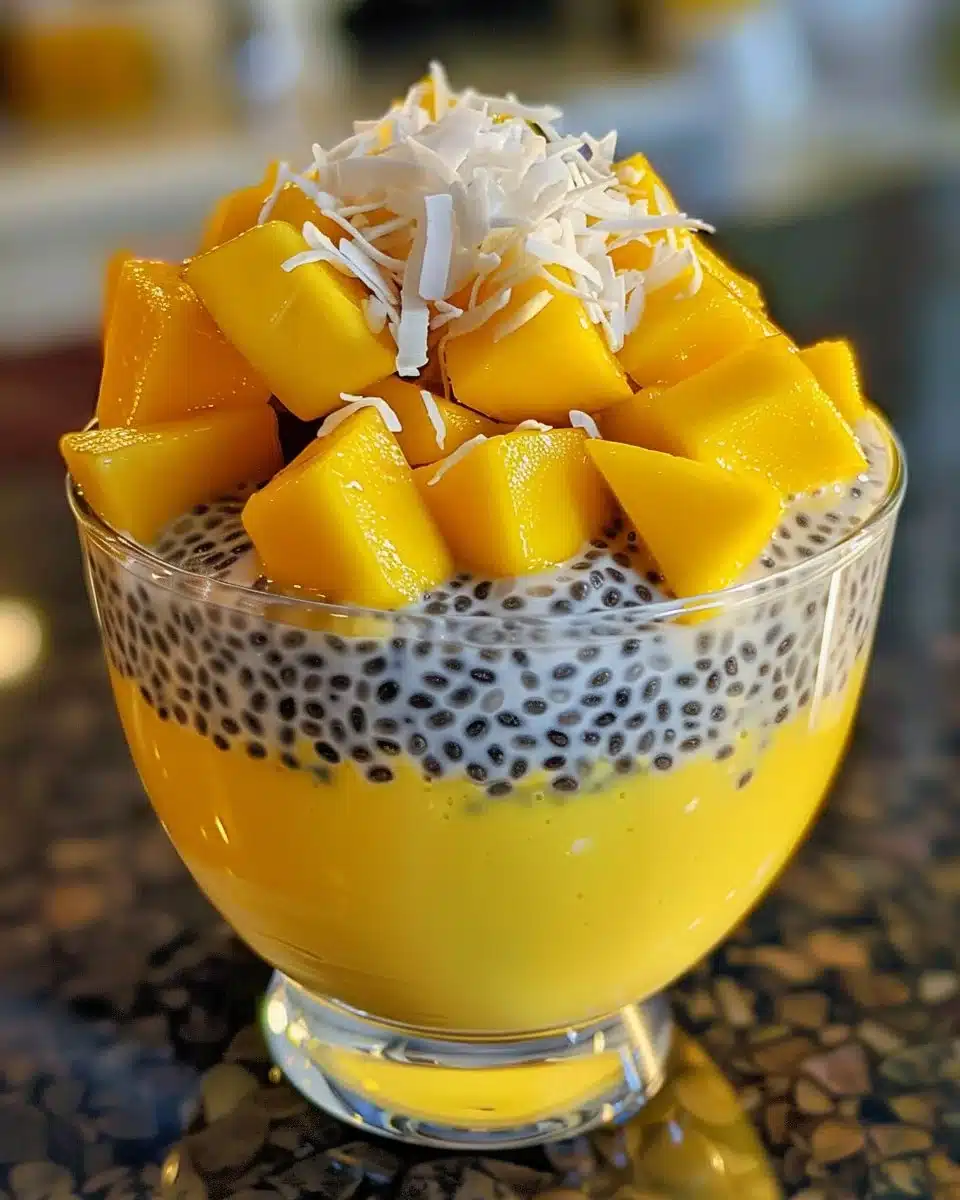 A bowl of Coconut Mango Chia Pudding topped with fresh mango and coconut flakes