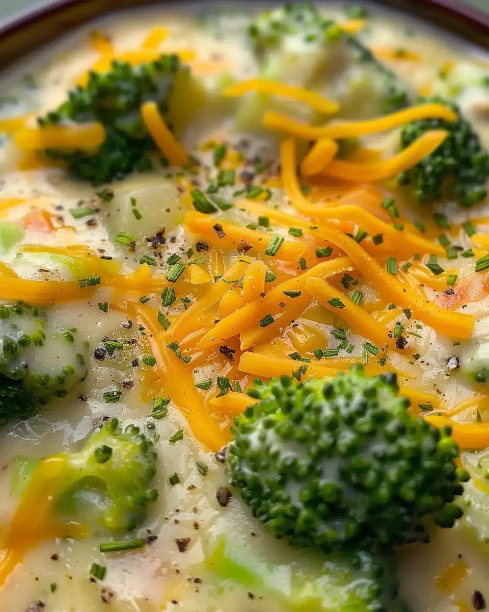 Delicious copycat Panera broccoli cheese soup in a bowl with fresh toppings.
