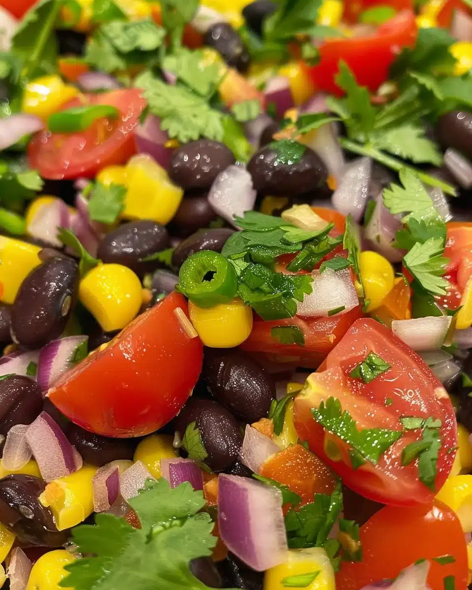 A colorful corn black bean salad served in a bowl, garnished with fresh herbs.