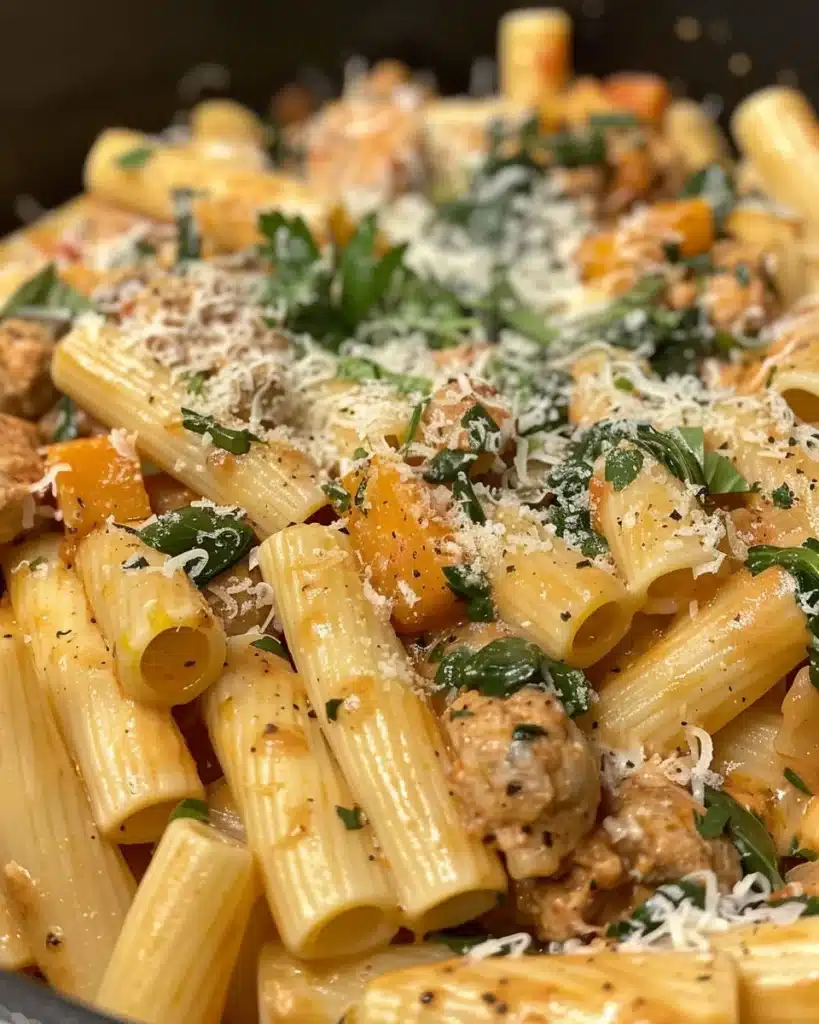 Creamy butternut squash pasta with sausage and spinach in a bowl