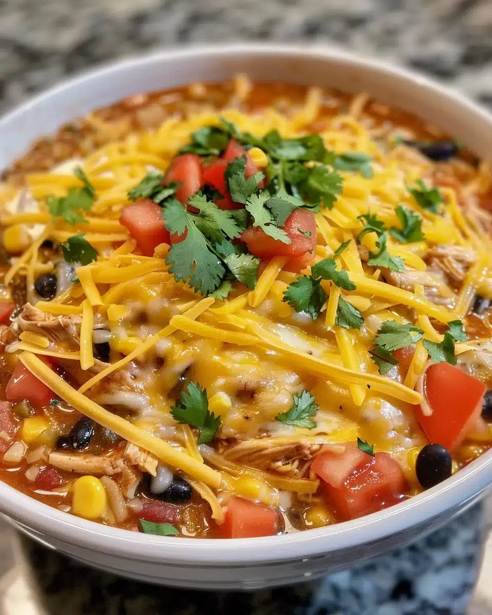 Bowl of creamy chicken tortilla soup garnished with tortilla strips and cilantro.