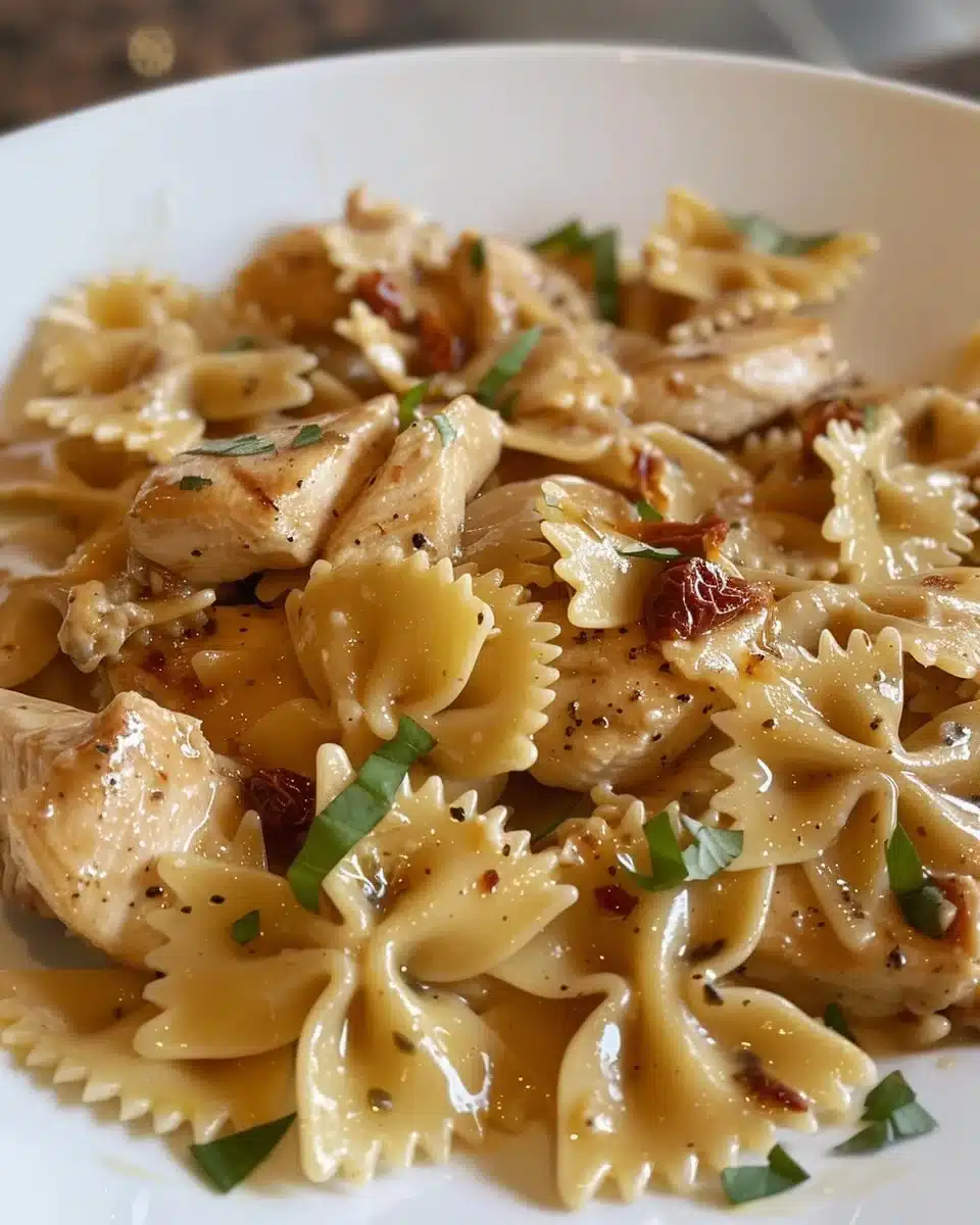 Creamy Marry Me Chicken served with bowtie pasta for a romantic dinner.