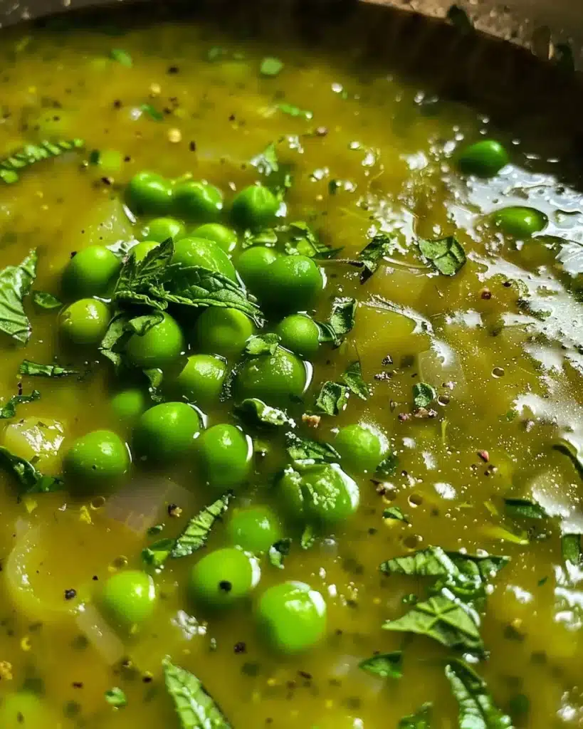 A bowl of creamy pea and mint soup garnished with fresh mint leaves.