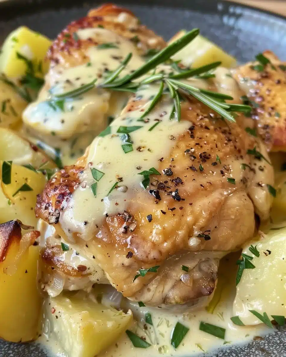 Delicious Dutch oven roast chicken with golden crispy skin and herbs