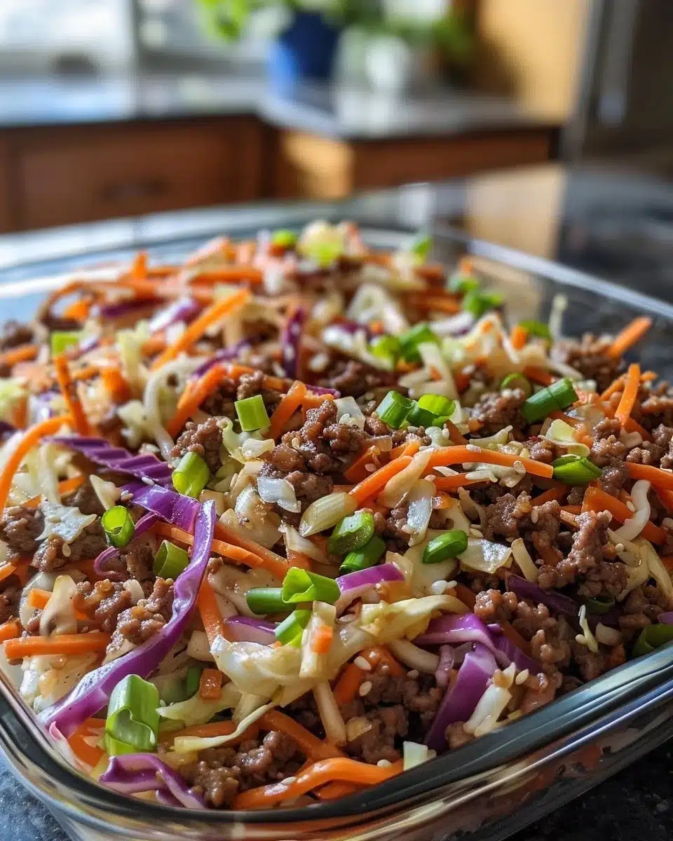 A bowl of egg roll ingredients featuring vegetables and meat, inspired by traditional egg rolls.