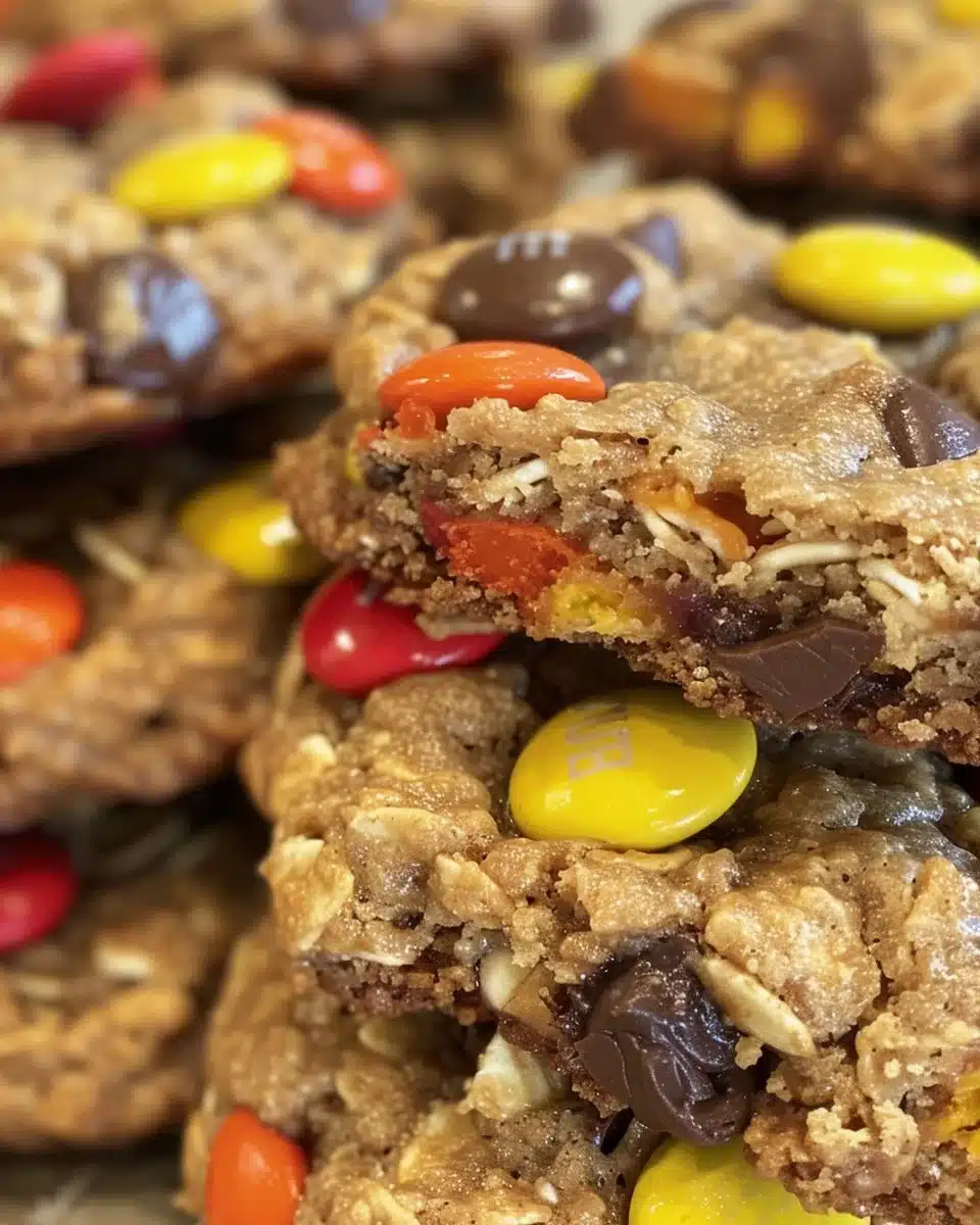 Gluten-free monster cookies with oats, chocolate chips and peanut butter.