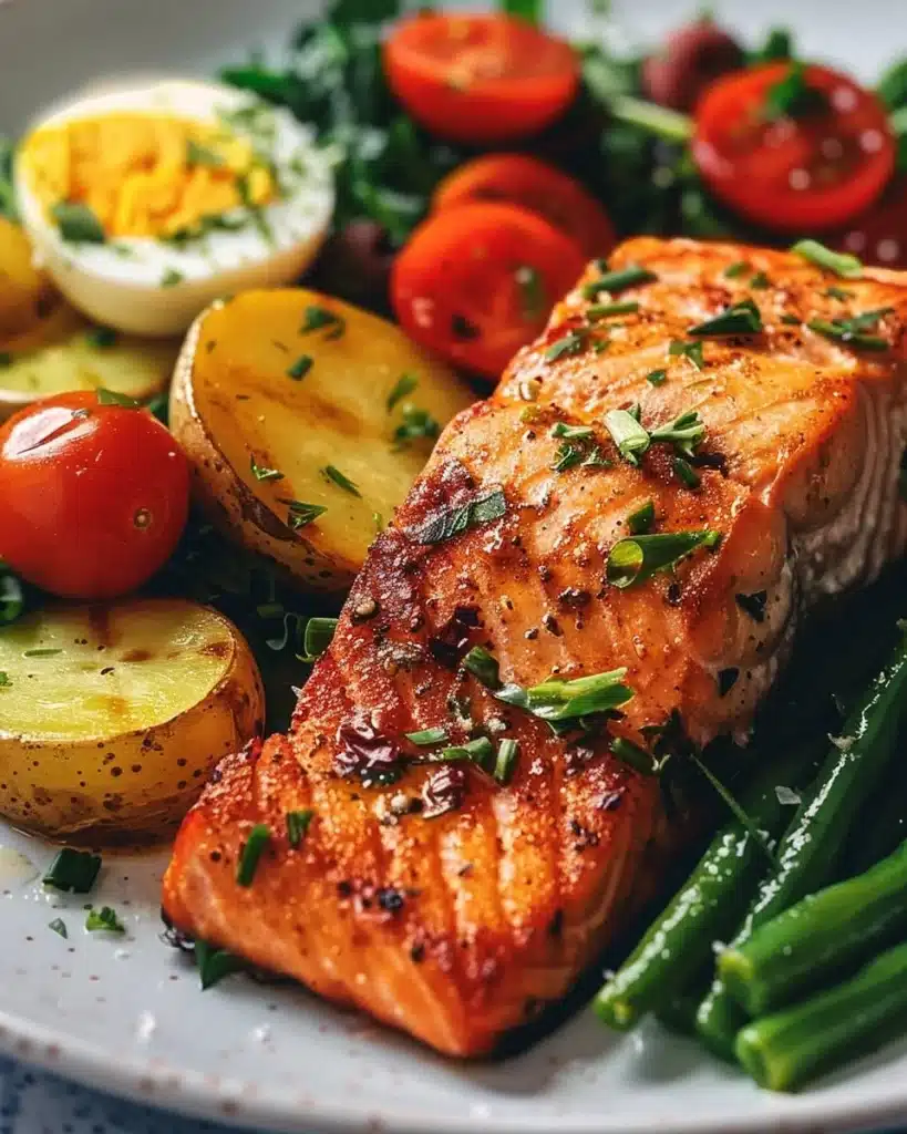 Grilled Salmon Niçoise Salad garnished with fresh vegetables and olives