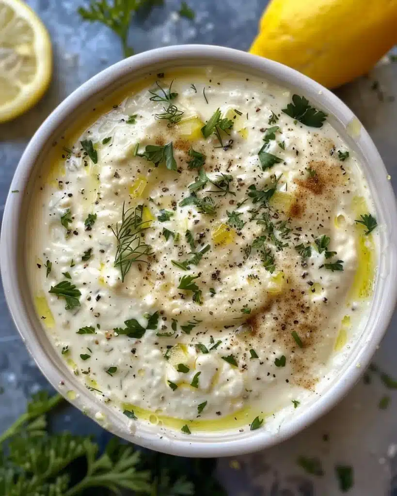 Bowl of homemade ranch dressing with fresh herbs and spices.