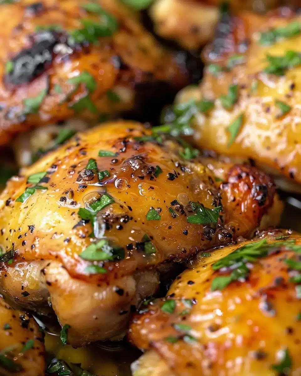 Juicy Honey Mustard Chicken Thighs served with fresh herbs