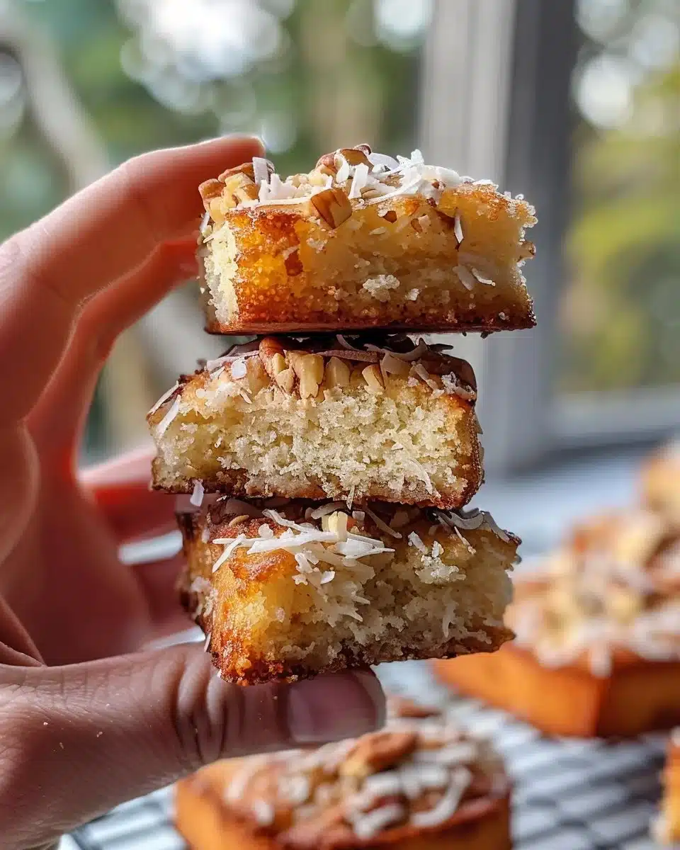 Keto-style pecan pie bars topped with pecans and a rich caramel layer.