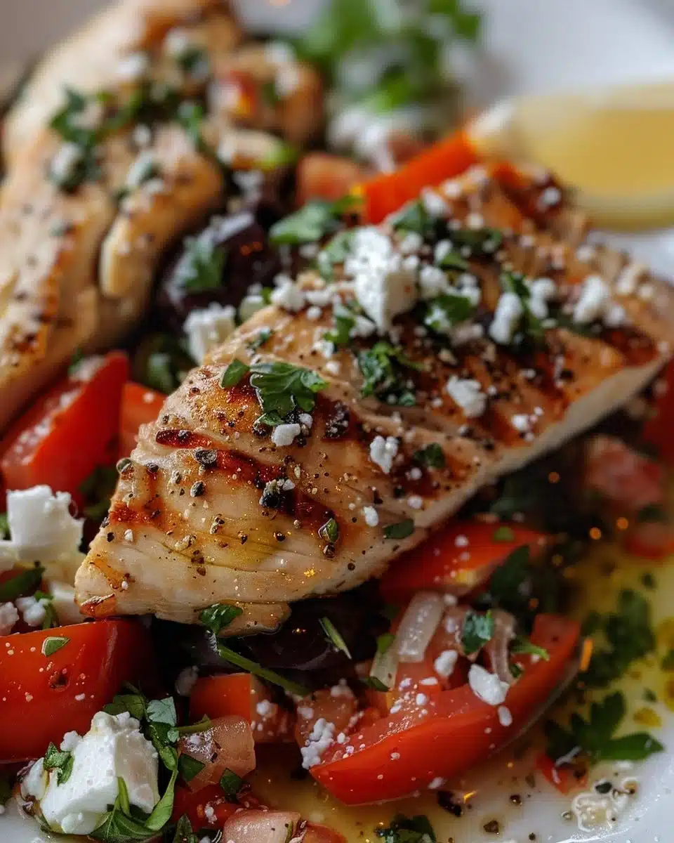 Grilled Mediterranean Chicken with vegetables and herbs on a plate