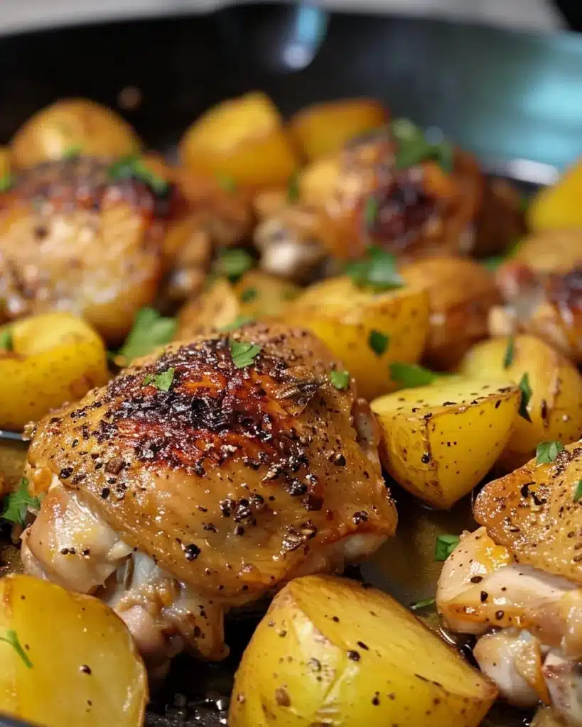 One Pan Maple Mustard Chicken with roasted potatoes dish