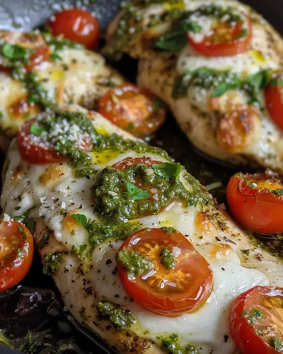 Baked pesto chicken garnished with fresh herbs on a white plate