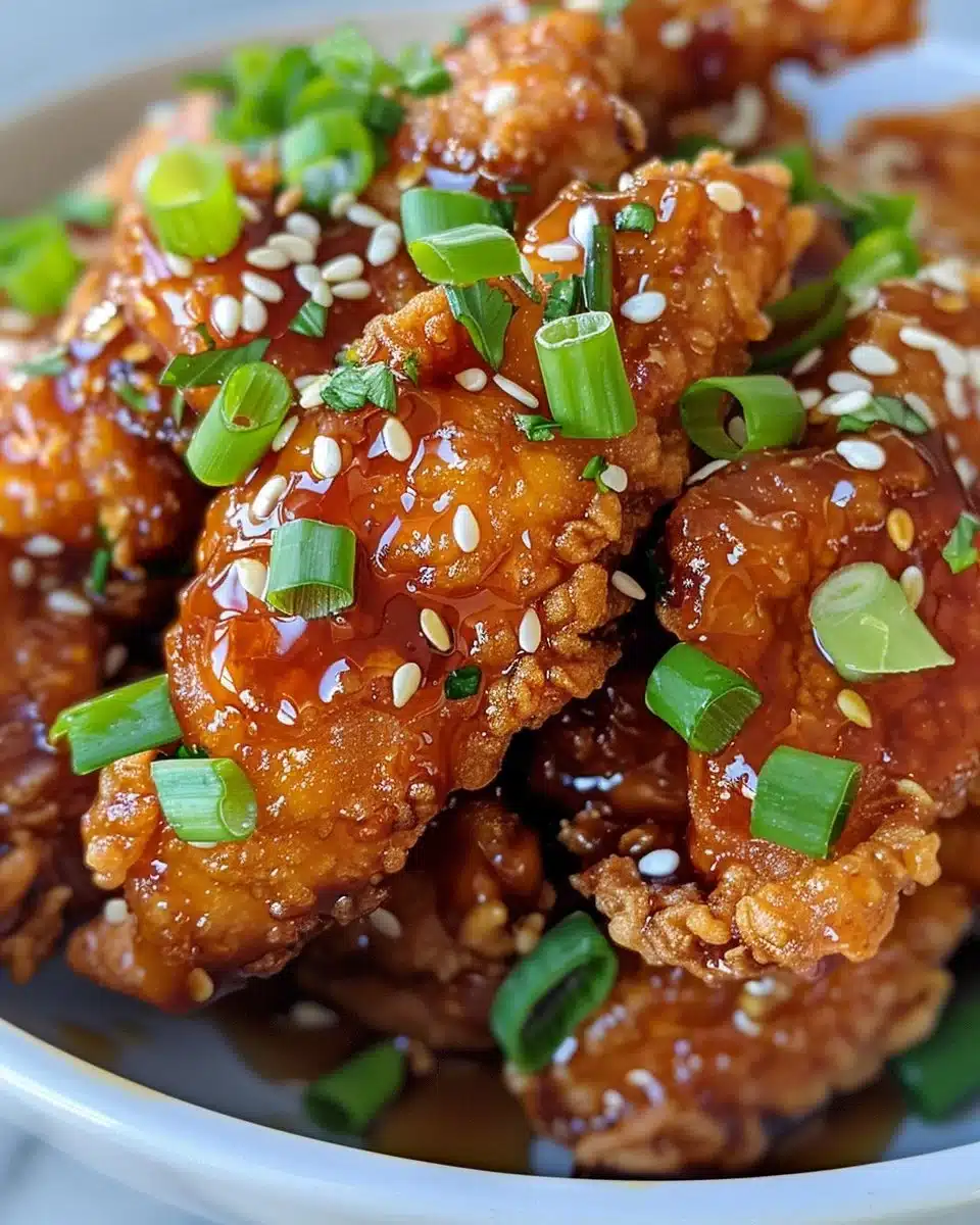 Plate of sesame chicken garnished with sesame seeds and green onions