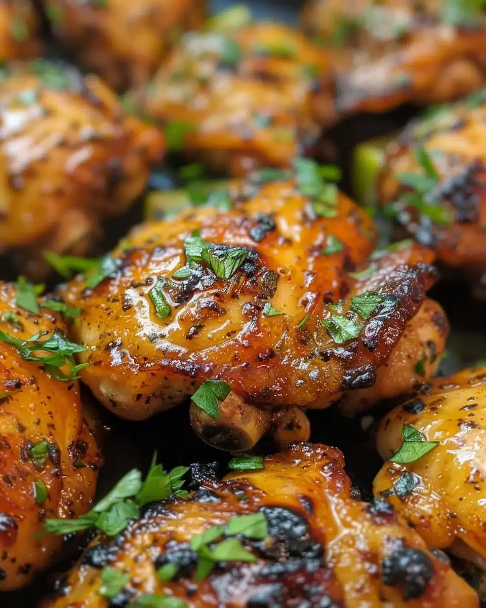 Delicious skillet Bang Bang Chicken thighs garnished with green onions and sesame seeds