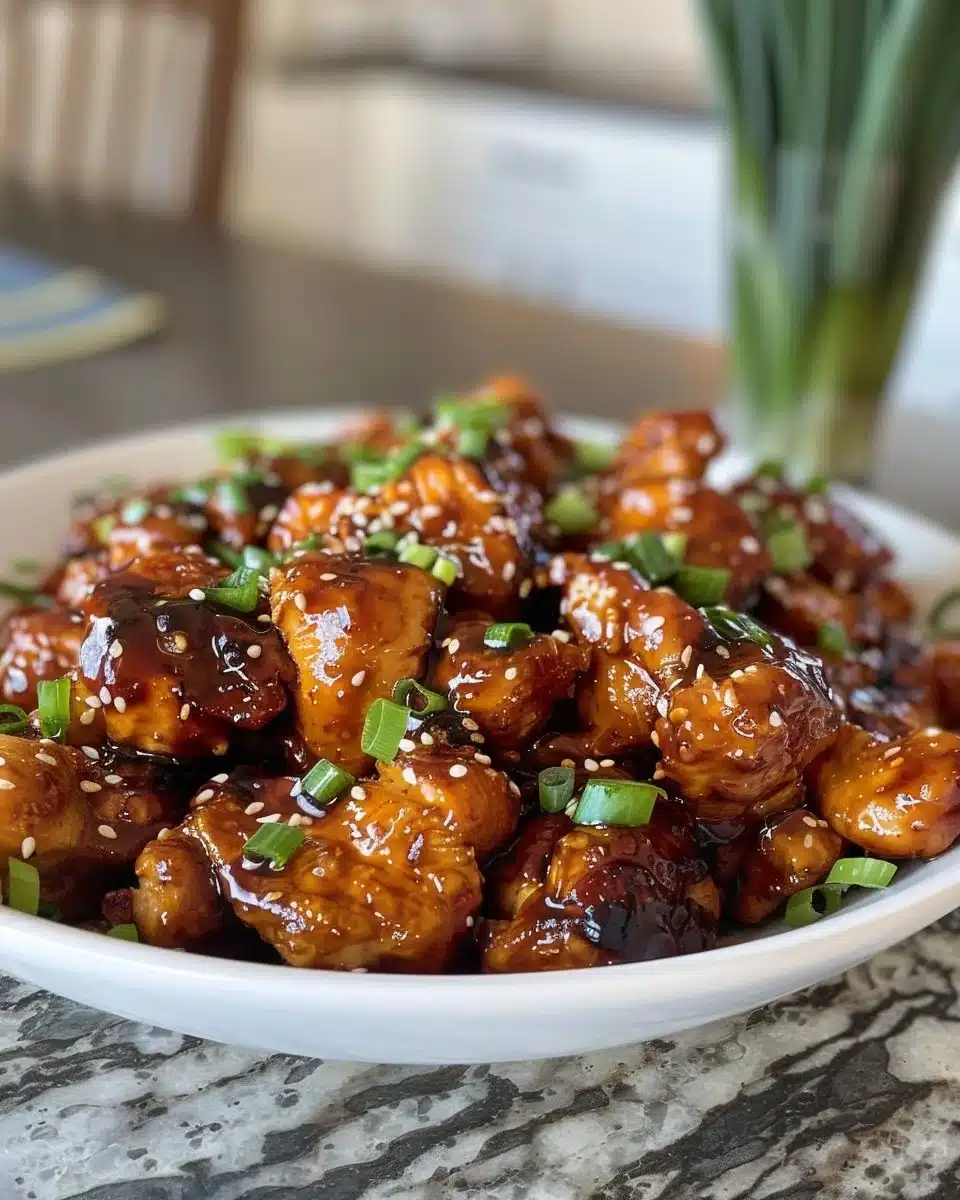 Delicious sticky honey chicken served on a plate, garnished with sesame seeds.