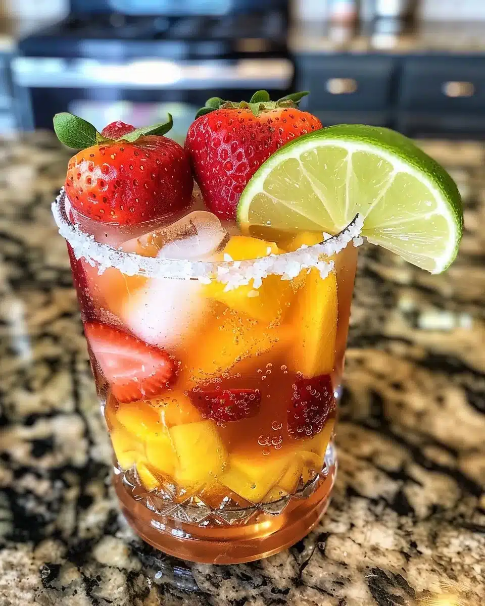 Delicious Strawberry Mango Margarita in a glass with fresh fruit garnish