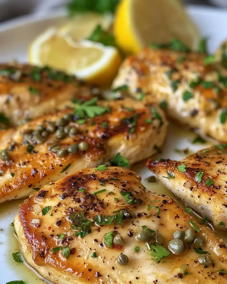 Plate of Chicken Piccata with lemon sauce and fresh parsley garnish
