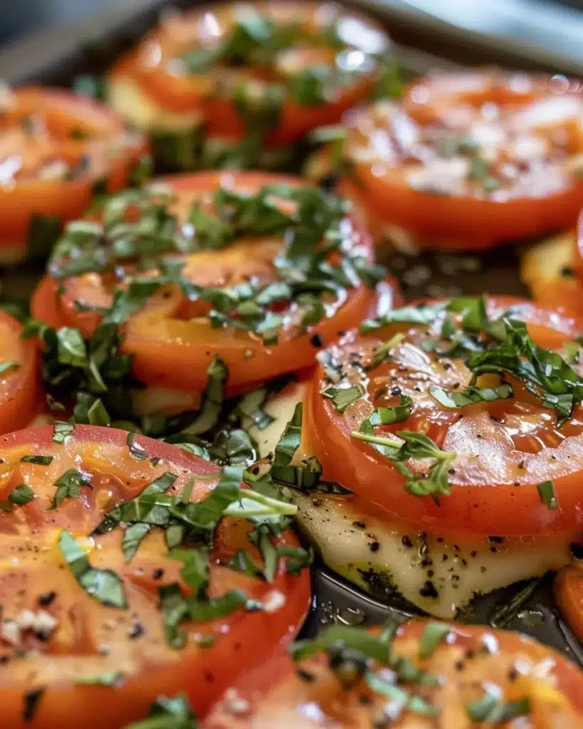Fresh Tomato Mozzarella Salad with basil and drizzled balsamic glaze