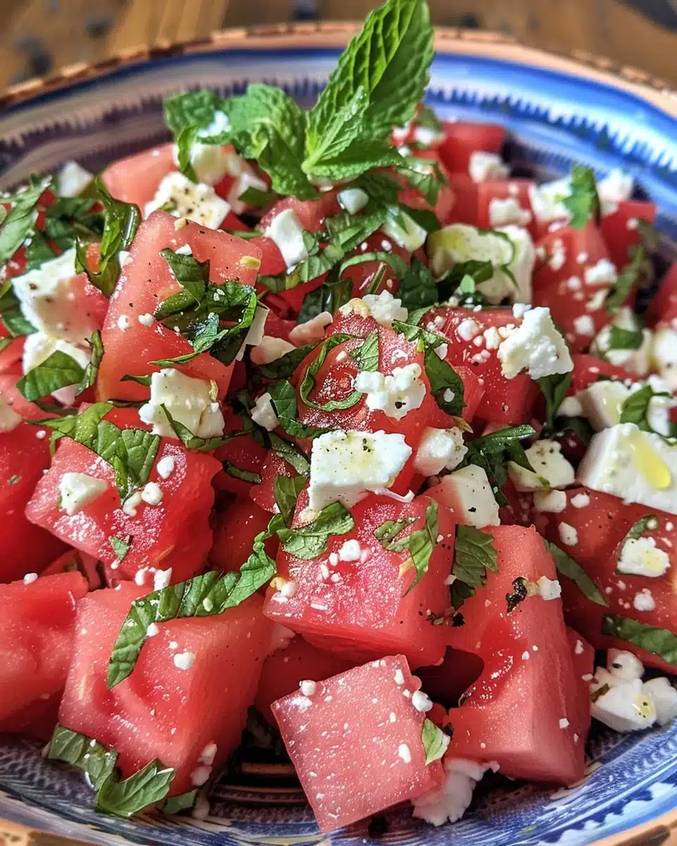 Delicious Watermelon Feta Salad with fresh mint and a drizzle of balsamic glaze